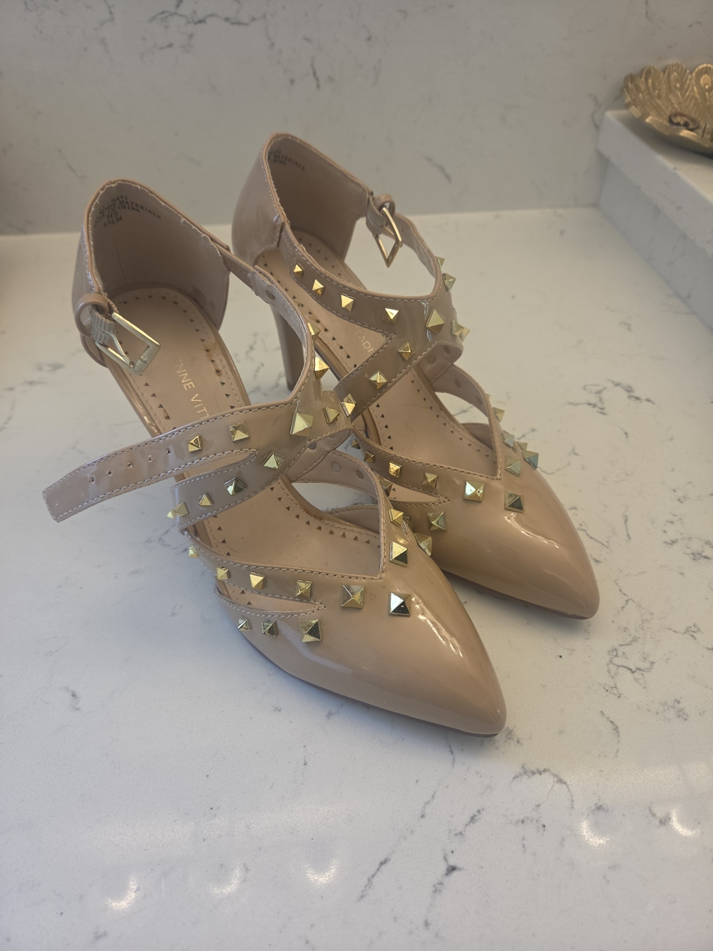 Adrienne Vittadini Nude Patent Studded Pointed-Toe Heels